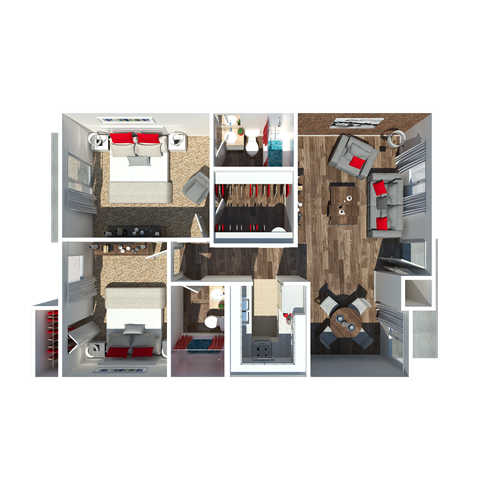 Floor plan for 2 beds, 2 baths, 1000 sqft